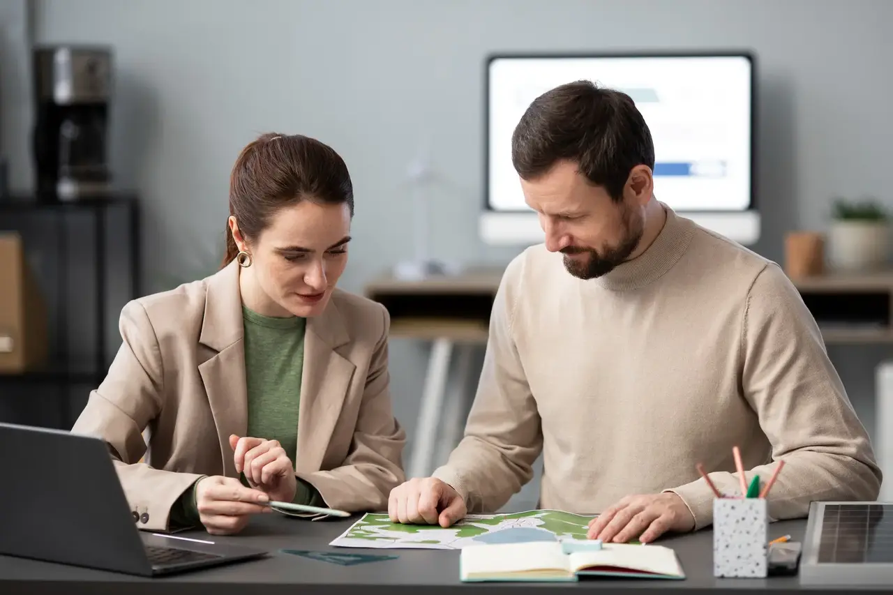 Business professionals reviewing financial documents and discussing account solutions representing Credexa Collections client support services